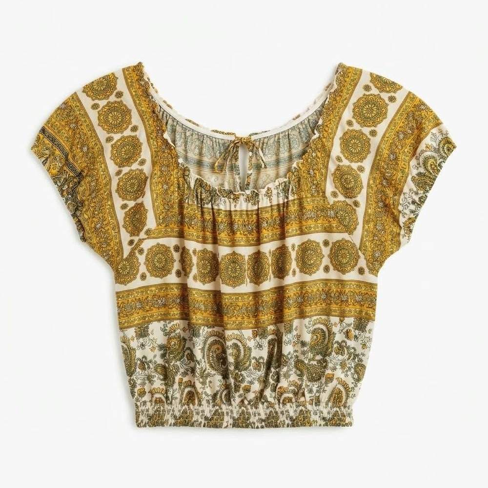 Chelsea & Violet Yellow Paisley Medallion Smocked Crop Peasant Top Womens Medium